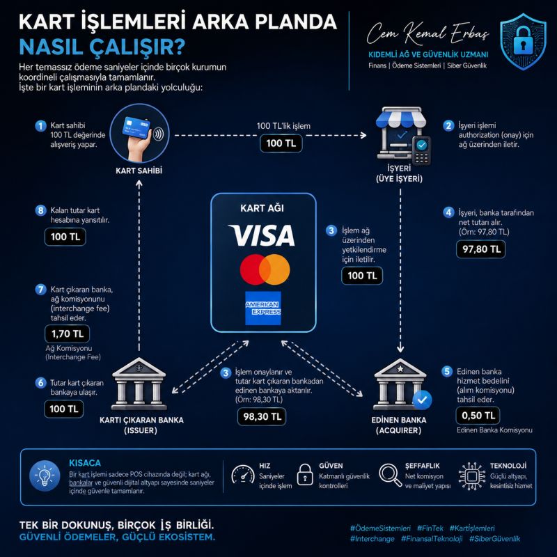 Temassız kart ödemesinde kart sahibi, iş yeri, kart ağı ve bankalar arasındaki işlem akışı